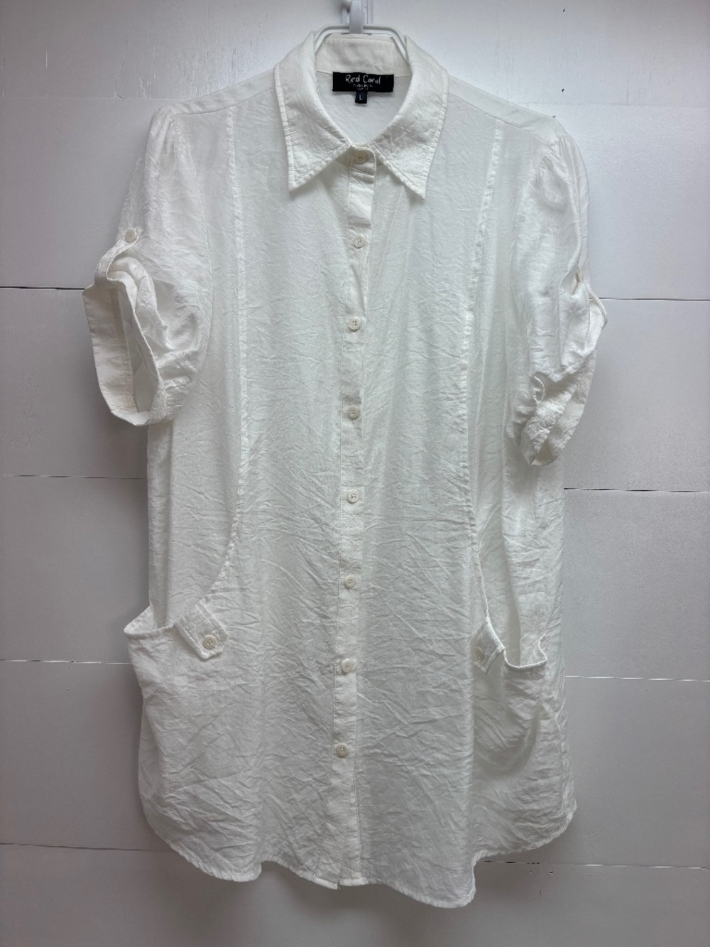 Red Coral White Short Sleeve Button Down Tunic Shirt Dress - Size Large